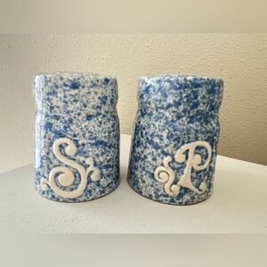 Vintage Pottery Craft | Salt & Pepper Shakers Blue Sponge w White Letters